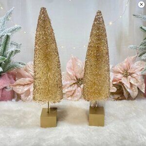 Holiday Village Set of 2 Gold Bottlebrush Prop Christmas Tree New 12"